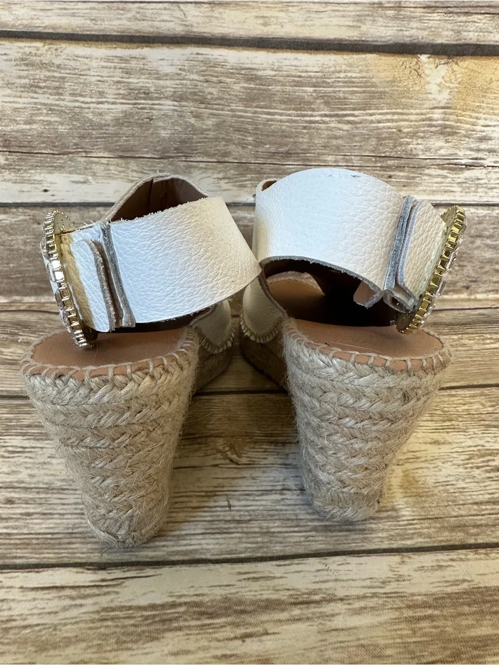 Maypol Nemi Leather Sz 8 Rhinestone Buckle Espadrille Wedge Sandals Shoes